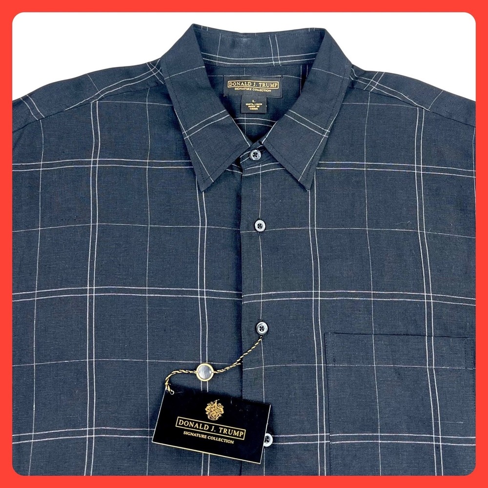 Donald Trump Linen Shirt Men's LARGE Black Short Sleeve Plaid Button‎ Down NWT